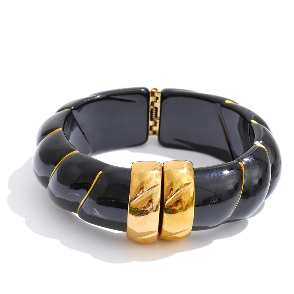 Yhpup Exclusive Multi-Color Acrylic Resin Wide Statement Bracelet Bangle Stainless Steel Autumn Winter Sweater Wrist Jewelry