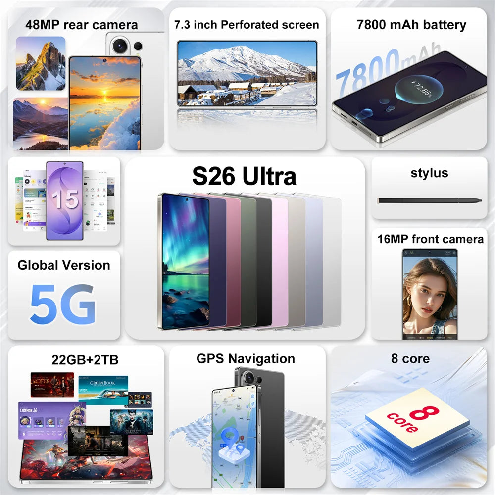 2026 Original Smartphone For S26 Ultra 5G 7.3HD AI 8-Core Dual Sim Card 16G+1TB Cell Phone Android Mobile Phones Unlocked