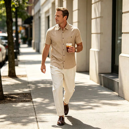Men's Linen Blend Short Sleeve Button Down Shirt Casual Beach Top with Chest Pocket Breathable Lightweight Summer Shirts for Men