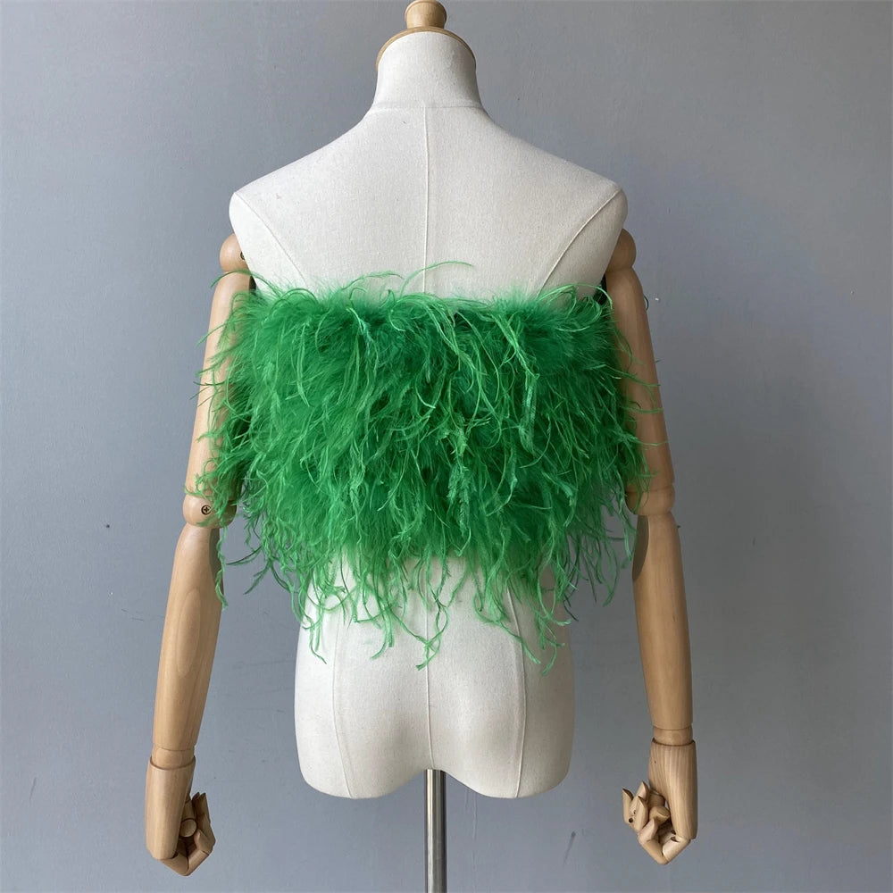 Jaxmonoy New Women Ostrich Feather Tube Spring Summer Sexy Stretch Top Bra Lady Party Wedding Fashion Sleeveless Cropped Top