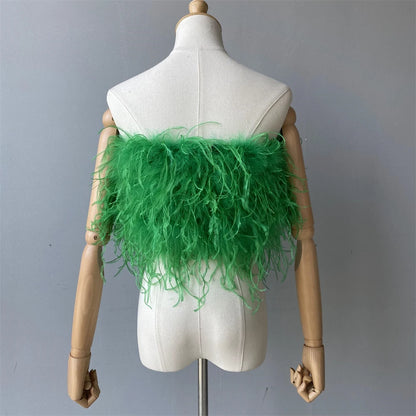 Jaxmonoy New Women Ostrich Feather Tube Spring Summer Sexy Stretch Top Bra Lady Party Wedding Fashion Sleeveless Cropped Top
