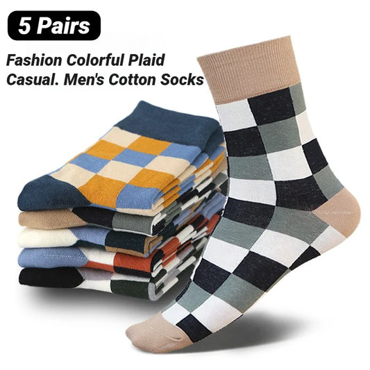 5 Pairs/Lot Combed Cotton Men's Socks Compression Fashion Colorful Square Happy Dress Men Casual Business Grid Gentleman British