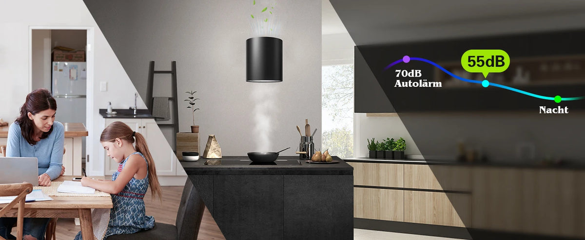 Island Hood 700/800m³/h, A+ Energy, 5-Layer Filter, LED, Ductless, Black, CE, Push Button