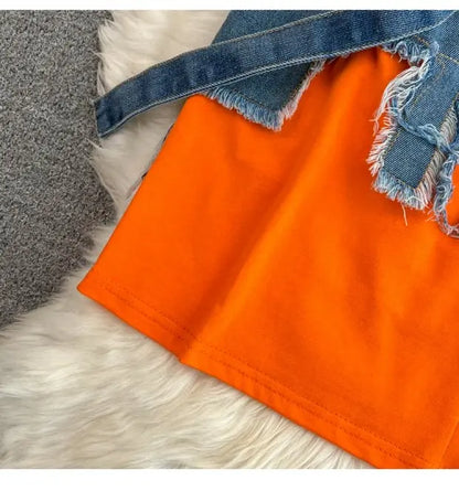 Retro Hong Kong Sle Chic Casual Mid-Length round Ne Patchwork Color Denim irt with Belt Spring New Women's Faion Top