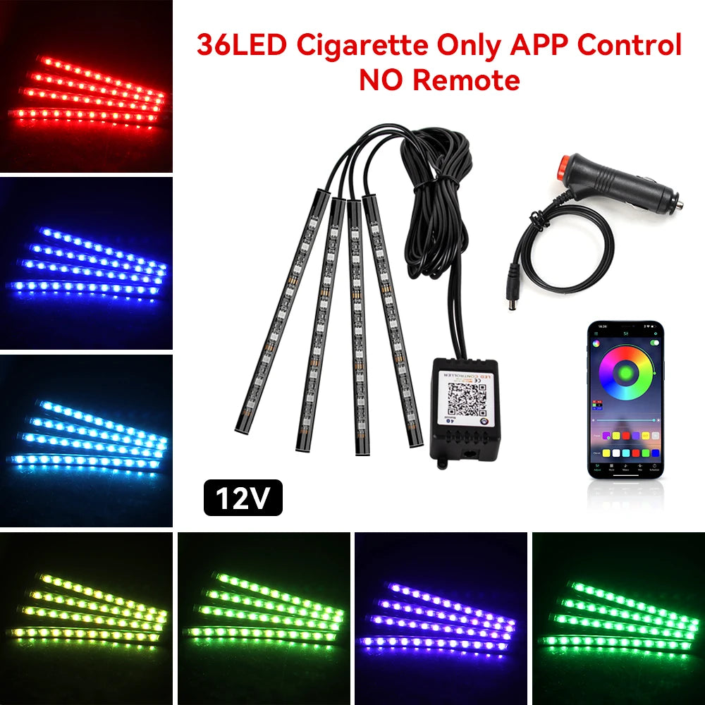 Neon Car Interior Ambient Foot Light with USB Wireless Remote Music App Control RGB 48 LED Atmosphere Decorative Lamp