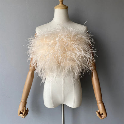 Jaxmonoy New Women Ostrich Feather Tube Spring Summer Sexy Stretch Top Bra Lady Party Wedding Fashion Sleeveless Cropped Top