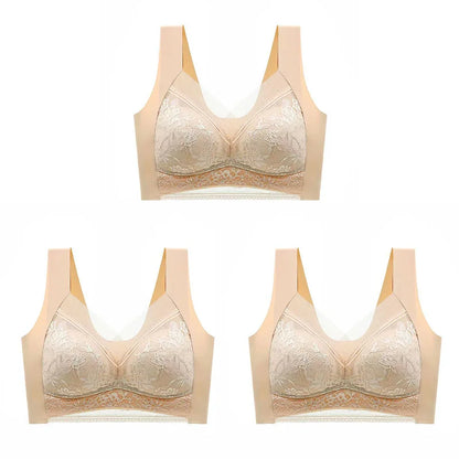 3Pcs Women Lace Bra Perspective Push Up Ice Silk Deep V Bralette Bra Sexy Lingerie Tops Plus Size Cup Mom's underwear L-5XL