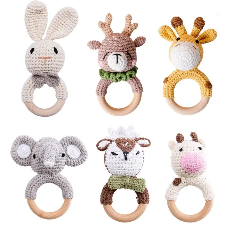 Baby Rattles Crochet Bunny Rattle Toy Wood Ring Baby Teether Rodent Baby Gym Mobile Rattles Newborn Educational Toys Gifts 1pc