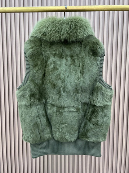 Women's Genuine Real Rabbit Fur Vest Coat Knitting Winter Fox Fur Collar Fur Jacket Casual Short Outwear Slim with Zipper
