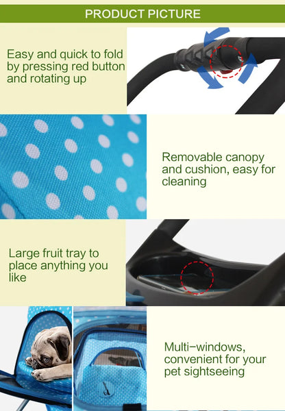 Dog Golden Retriever Pet Stroller Large Fruit Tray Adjustable Foldable for Small Medium Dog Outdoor Travel