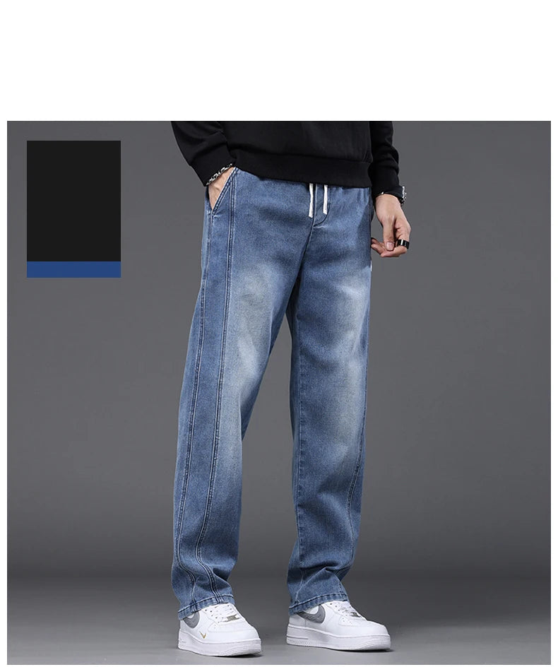 Autumn Winter Blue Jeans Men Drawstring Elastic Waist Cotton Cargo Denim Pants Work Fashion Thick Trousers Male Plus Size M-4XL