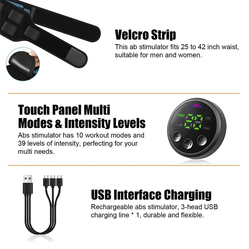 EMS Muscle Stimulator Toner Abdominal Toning Belt Body Slimming Massager Belly Waist Back Arm Leg Fitness Massage USB Recharge
