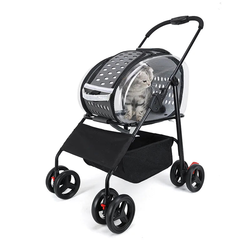 2026 New Pet Stroller 4-Wheel Foldable Jogger for Small Medium Dogs Cats, Lightweight Travel Carrier with Detachable Basket