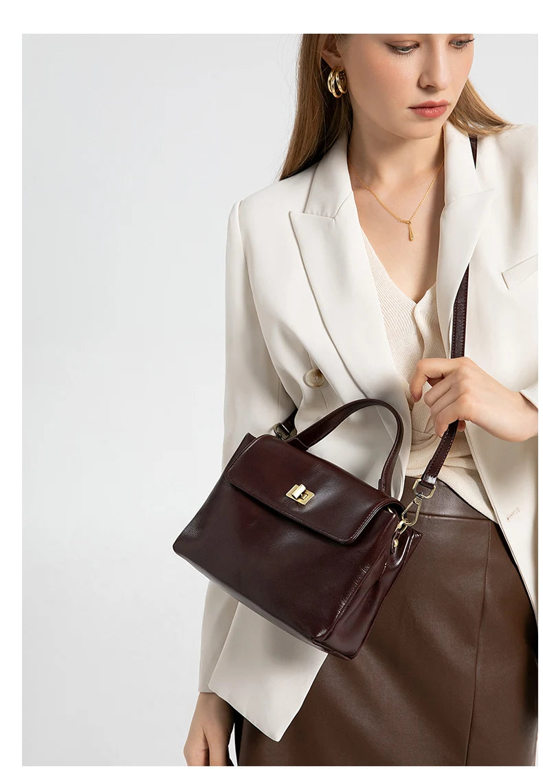 Genuine Leather Top Handle Crossbody Bag for Women Vintage Oil Wax Leather Shoulder Bag Small Luxury Designer Satchel Handbag
