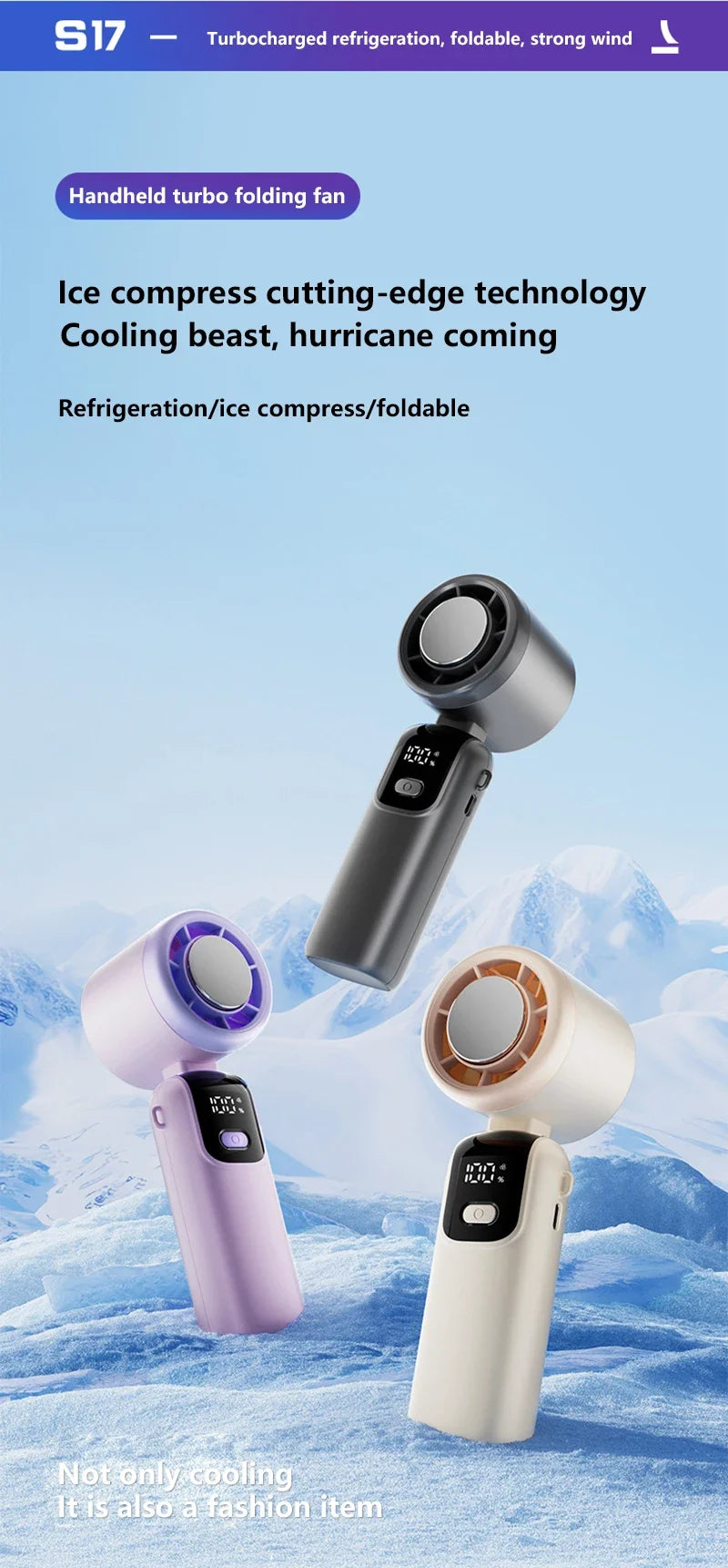 New Ice Cooling Handheld Fan 100 Speeds Turbo Portable USB Desk Fan Foldable/Hangable for Outdoor Fast Chill Ice Compress