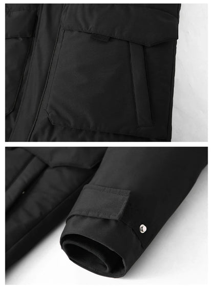 -30 Degree Down Parkas Men Windproof Hooded Thicken Multi-pocket Down Coat Casual Fashion Thick Warm Embroidered Design Parka