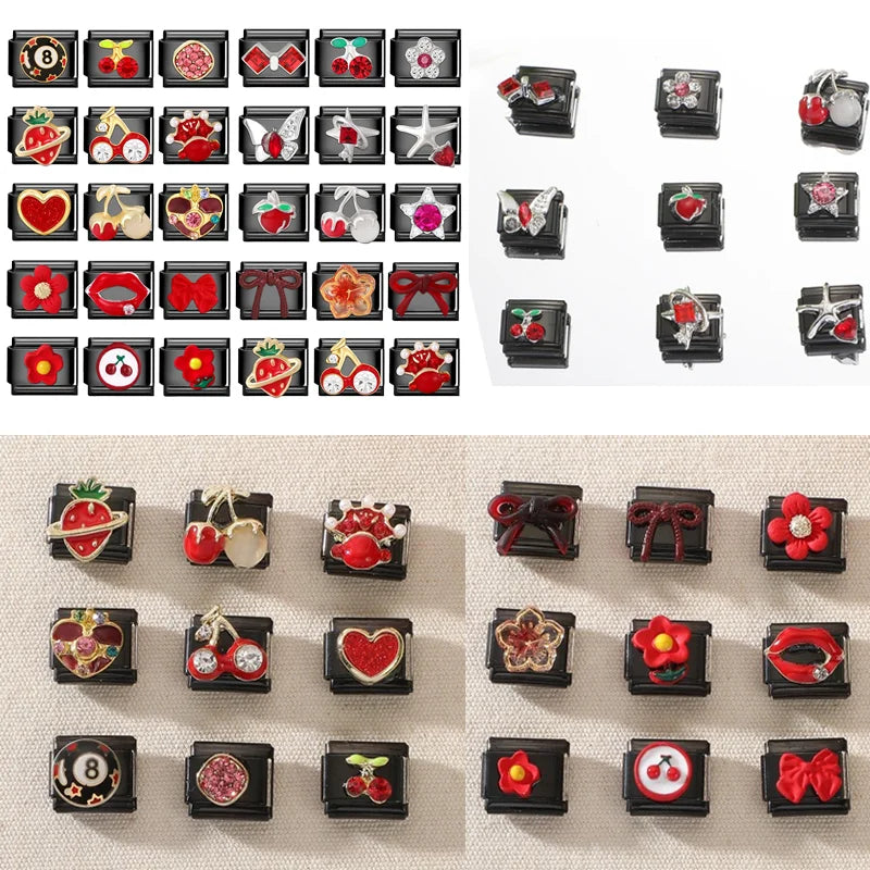 2025 New Original Black Red Stars Love Heart Bows Flower Italian Charm Link Fit 9mm Stainless Steel Jewelry DIY Making Bracelets