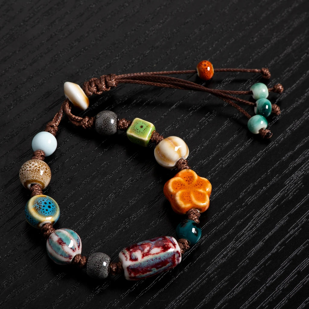 Handmade Ceramic Beaded Bracelet Adjustable Boho Woven Jewelry Vintage Ethnic Style Gift for Women Fashion Accessories S02-035
