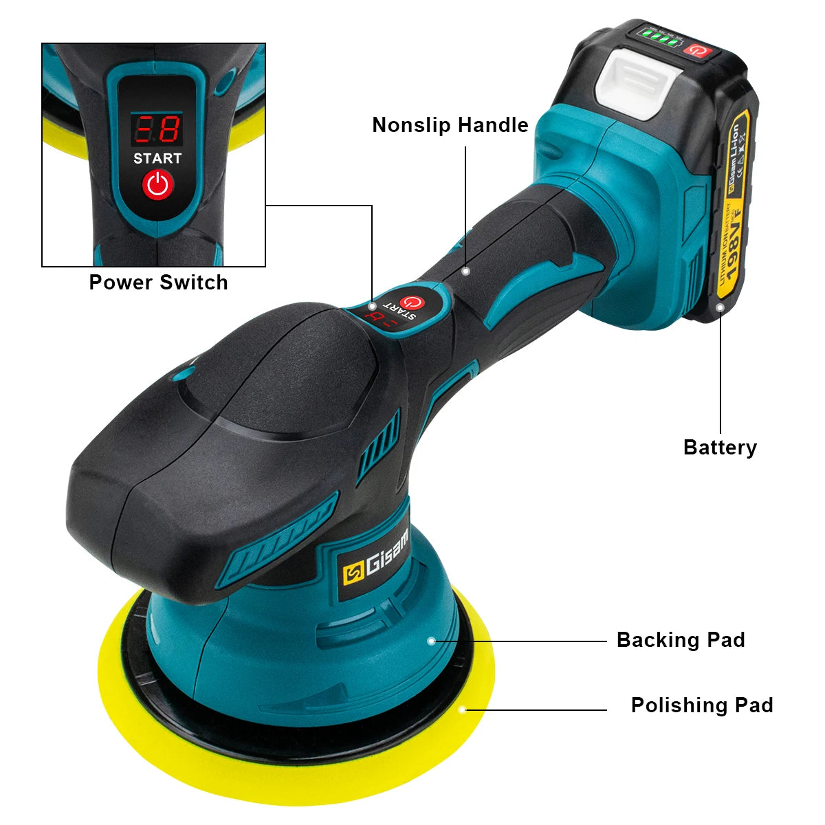 Gisam Cordless Car Polisher 8 Gears Adjustable Auto Electric Waxing Sanding Sealing Glaze Power Tool Fit Makita 18v Battery Pin