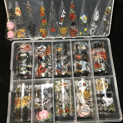 10 Patterns New Metal Nail Foils for Transfer Paper Stickers Floral Chameleon Nails Wraps DIY Water Marble Nail Art Decorations