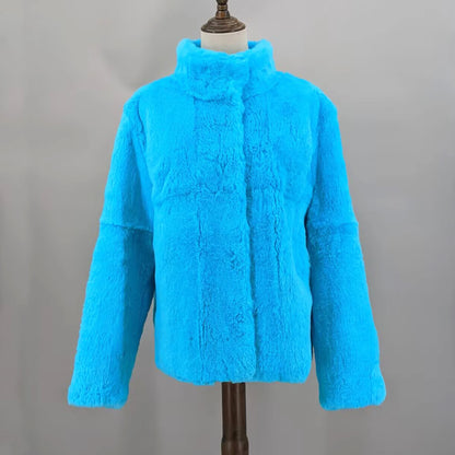 Women Real Rabbit Fur Coat High Collar Winter Jacket Make of One Rabbit Fur Cross Mink Pattern