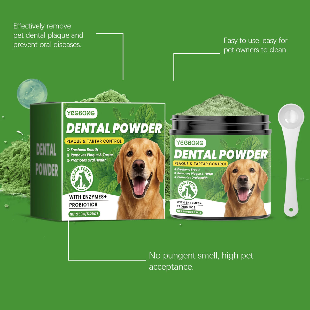 150g Mint Dog Dental Cleaning Powder Gentle Remove Teeth Stain Prevent Plaque Tartar Removal Refreshing Breath Dog Teeth Cleaner