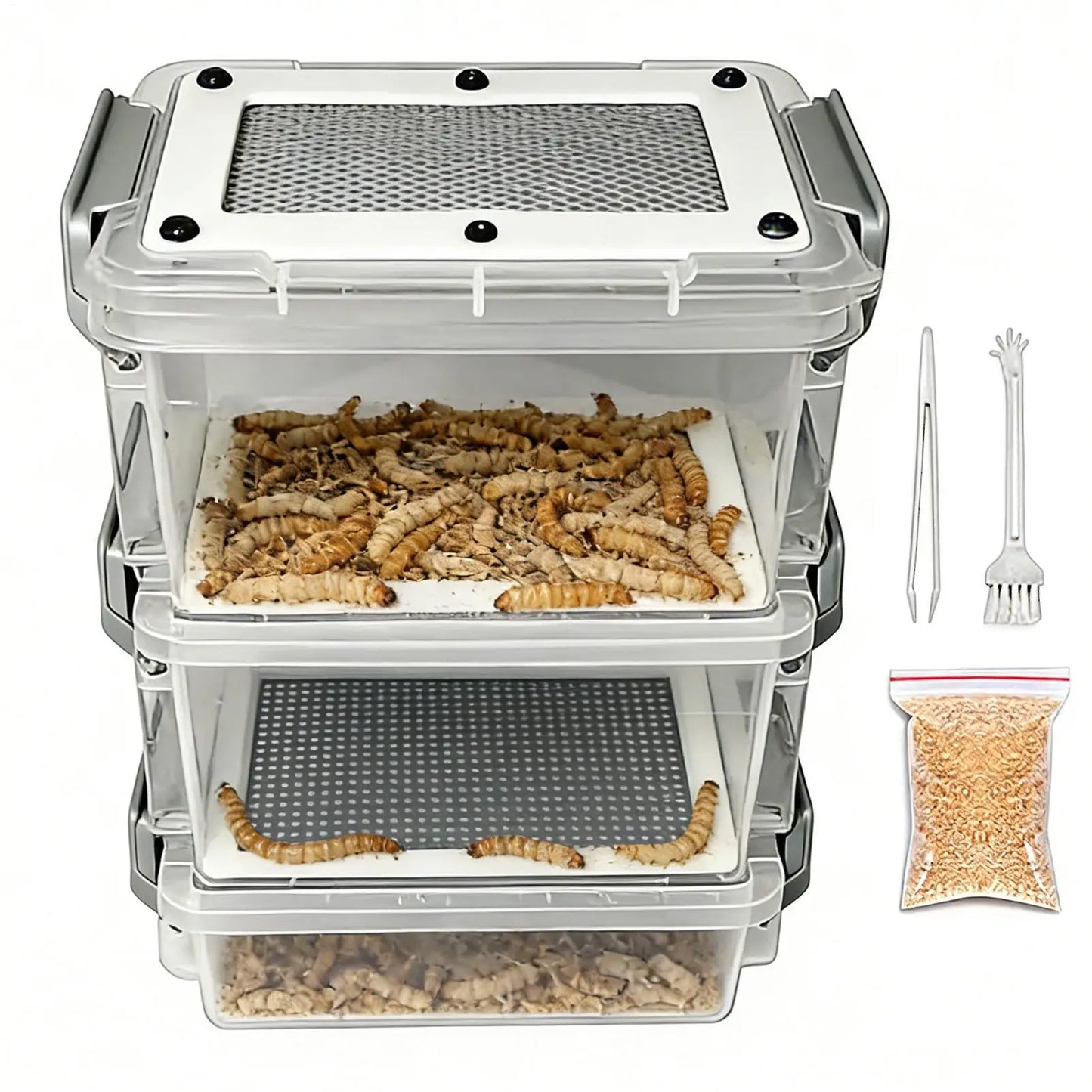 3-Layer Mealworm Breeding Kit Silkworm Feeder Bin Corn Worm Breeder Box for Pet Parents Animal Lovers Keepers Breeders Hobbyists
