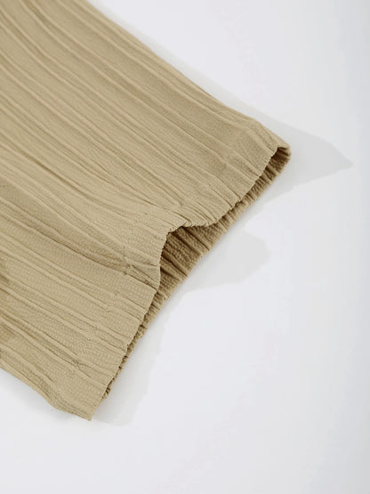 Men's Sophisticated Pleated Set Khaki Textured Cuban Collar Shirt & Elastic Waist Shorts 2 Piece Commute Outfit