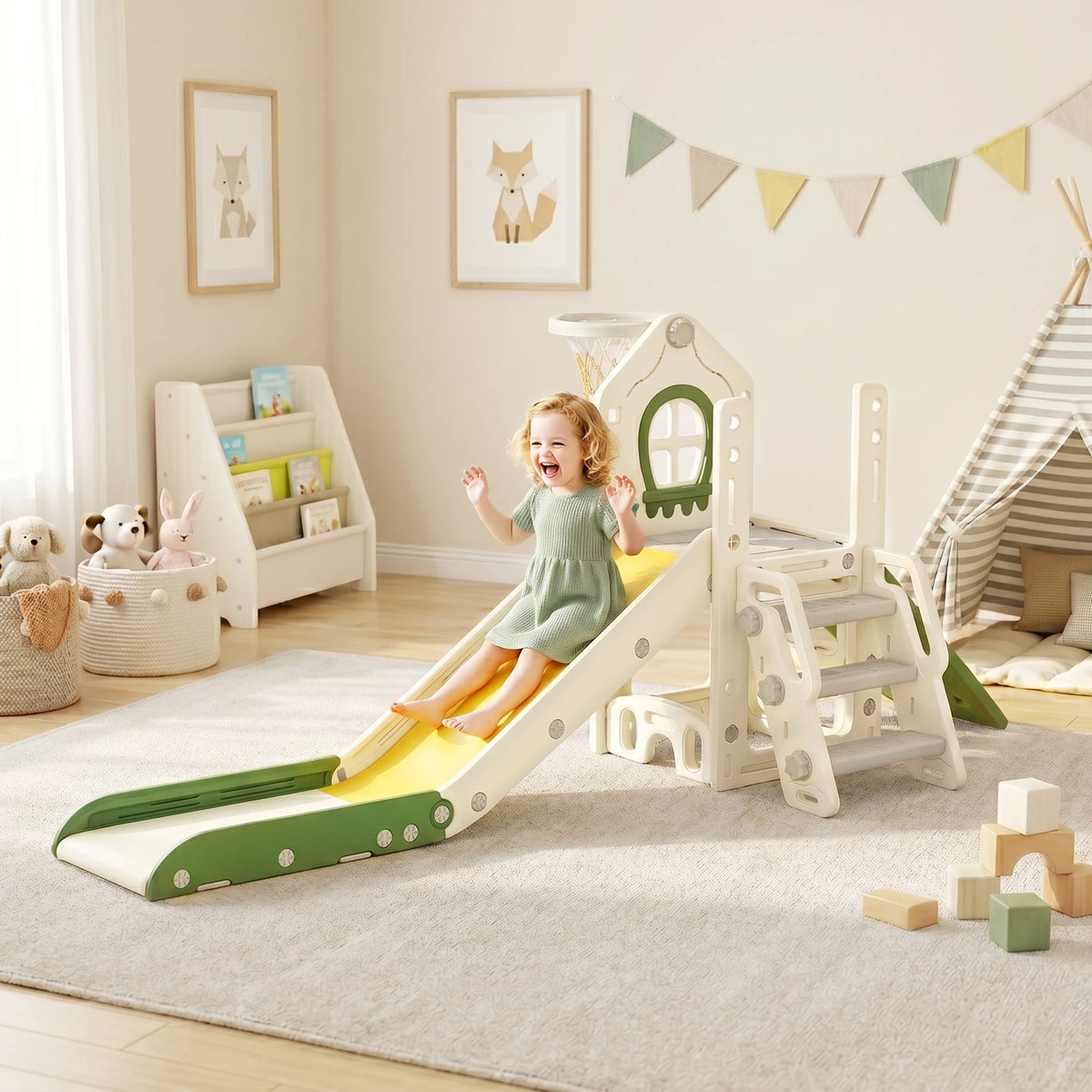 4-in-1 foldable slide with a climbing element, basketball hoop, storage space, and a basketball for children aged 1 to 3, cream white