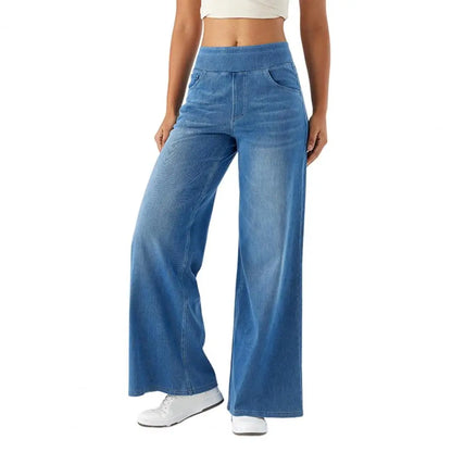 Women Jeans With Pockets Elastic High Waist Solid Color Full Length Pants Straight Wide Leg Trousers Sweatpant Daily Commuting
