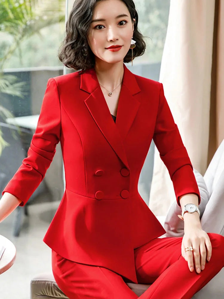 Fashion Red Pant Suits For Women Business Work Wear Formal Outfits Office Lady Blazer Set Elegant 2 Pieces Sets Female 2024 New