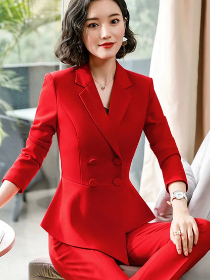 Fashion Red Pant Suits For Women Business Work Wear Formal Outfits Office Lady Blazer Set Elegant 2 Pieces Sets Female 2024 New