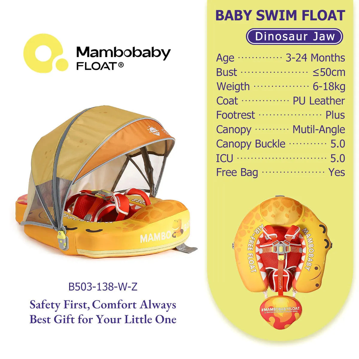 Mambobaby Float 98% UV Protection Canopy Safe Air-Free Core Comfort Skin-friendly Design Baby Swim Ring Toddler Pool Float Infant Swim Circle Swimming Buoy 1 Years 3-34 Months Boy and Girl Globally Certified Safe Design