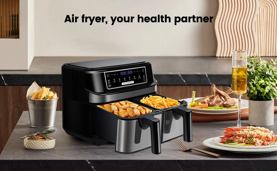 Hot Air Fryer Double Chamber 9 Litres XXL Air Fryer with 2 Independent 4.5L Drawers 8 Automatic Programmes with LED Touch Screen
