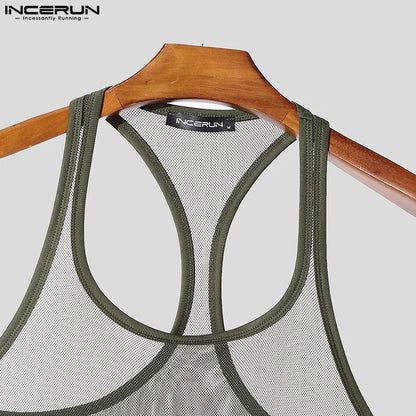 INCERUN Tops American Style Fashion Men Thin Perspective Mesh Vests Sexy Casual Streetwear Male Personality Sleeveless Tank Tops