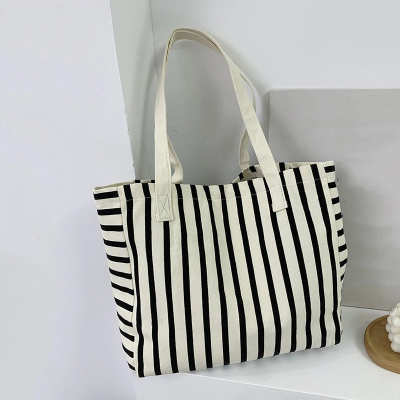 Striped Canvas Bag Beach Handbag Fashionable Women's Canvas Summer Large Capacity Shoulder Bag
