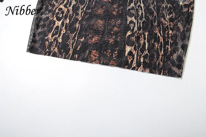 Nibber See Through Dress Women Sexy Coquette Leopard Print Full Sleeve o-Neck Stretch Wild Mini Bodycon Midnight Party Clubwear