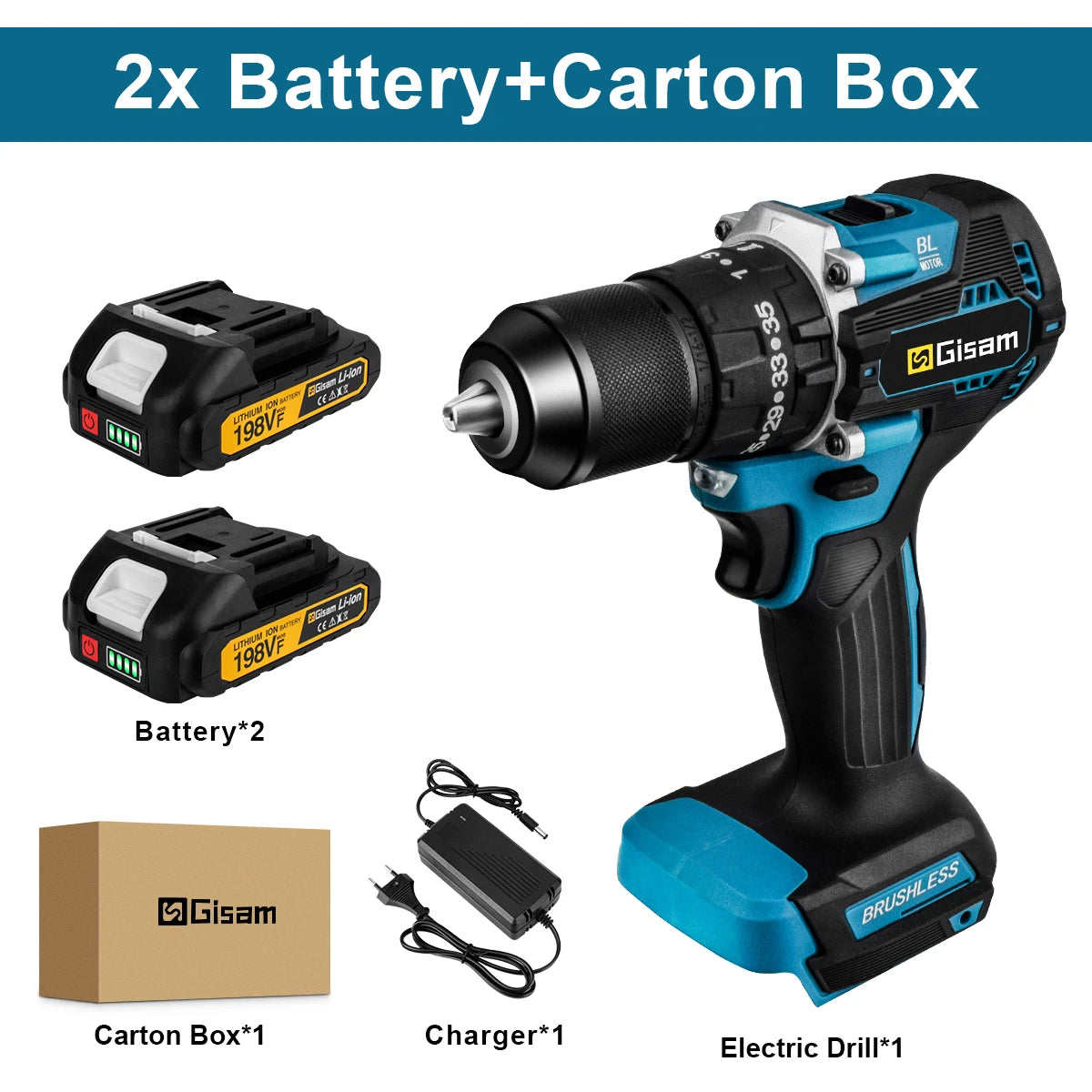 Gisam 65N.m 13MM 35+3 Torque Brushless Electric Impact Drill Cordless Electric Screwdriver Power Tool For Makita 18V Battery Pin