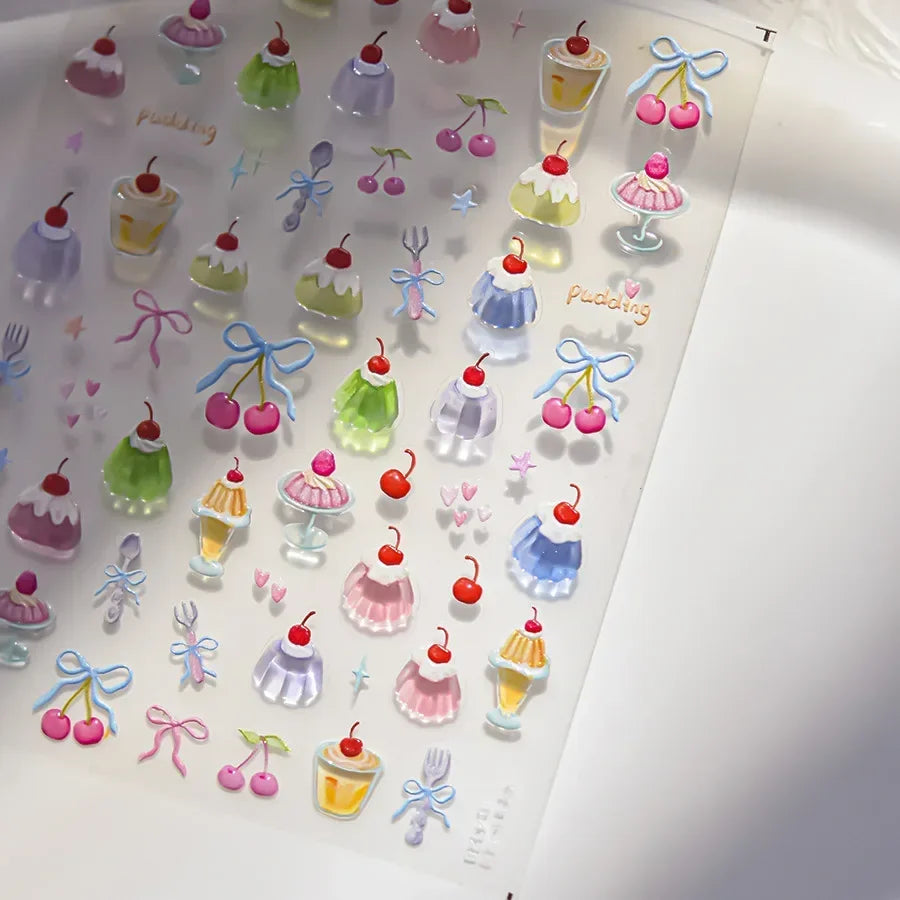 5D Pudding Jelly Dessert Fruit Cherry Pink Claw Print Bowknot Tie knot Love Heart Stars Nail Art Sticker Adhesive Manicure Decal