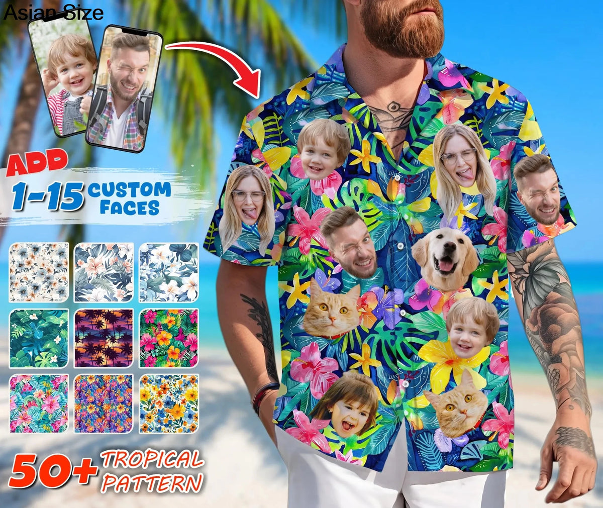 Hawaiian Shirt With Custom Face For Men Women Personalized Hawaii Gift For Girlfriend Boyfriend Tropical Beach Button Down Shirt