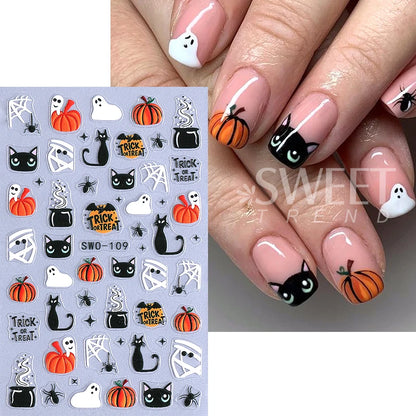 1/3pcs 3D Halloween Nail Stickers Pumpkin Ghost Spider Skull Design Bow  Flower Cute Cat Adhesive Slider Decals Manicure Decor