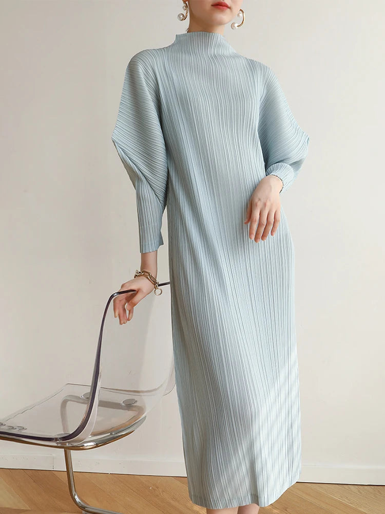 Miyake Pleats Batwing Sleeve Pleated Long Dress Korean High Fashion Causal Elegant Women Designer Clothing