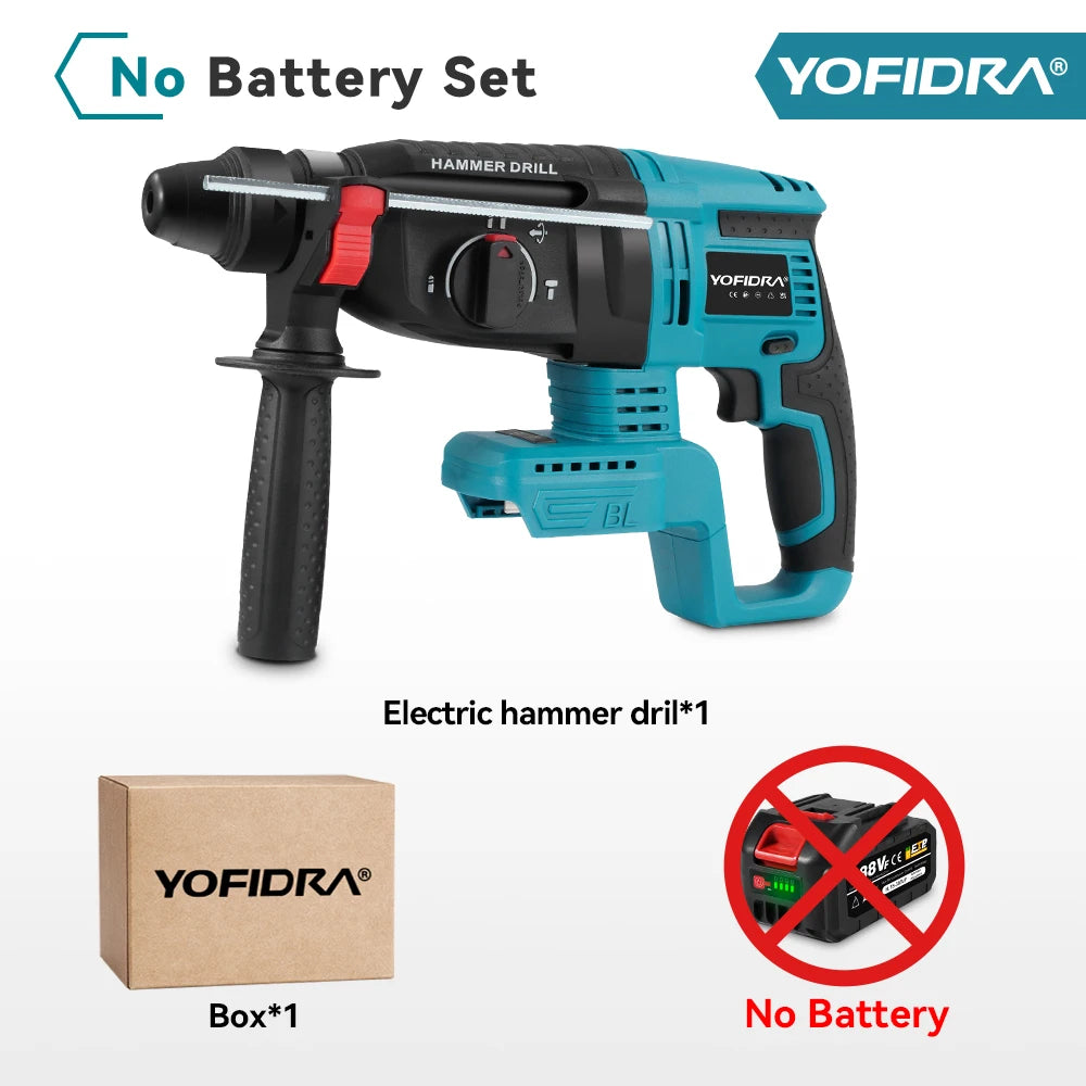 YOFIDRA 26MM Brushless Electric Hammer Drill Multifunctional Rotary Cordless Rechargeable Power Tools For Makita 18V Battery Pin