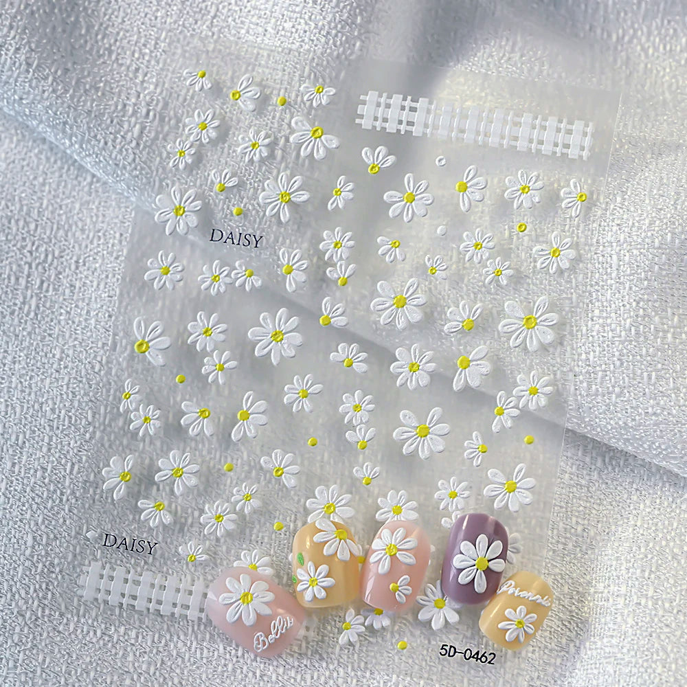 5D Hibiscus Flower Nail Embossed Sticker Lace Flower White Pink Petal Floral Self Adhesive Nail Art Slider DIY Elegant Romantic