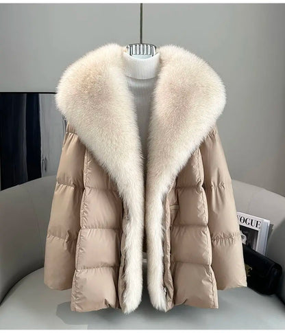 High end Faux Fox fur detachable Large Lapel fur Down Jacket For women 2025 Winter New Medium long Loose White goose Down Coats