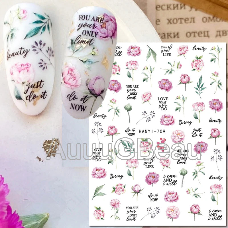 3d Nails Art Decals Spring Fruits Pink Full Tips Peony Magnolia Flowers Adhesive Sliders Stickers Decoration For Nails Manicure