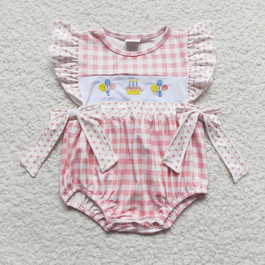 Wholesale Baby Girl Newborn Birthday Balloons Romper Bubble Embroidery Pink Plaid Bows Jumpsuit Kids Toddler Summer Clothes