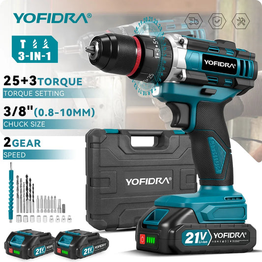 YOFIDRA  3 IN 1 25+3 Torque Electric Impact Drill Cordless Impact Drill Househeld Woodworking Power Tool for Makita Battery Pin