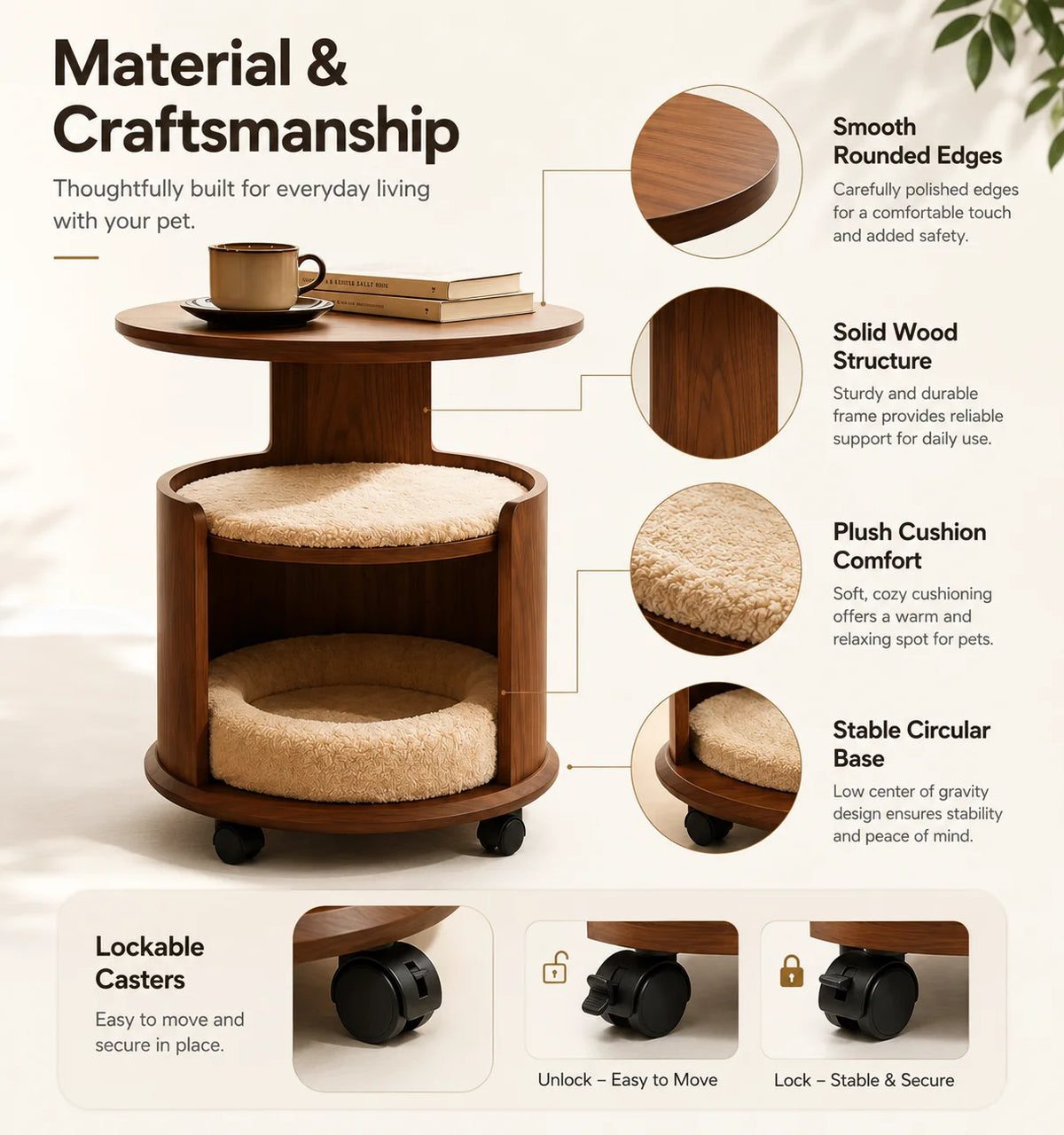 Wooden Pet Side Table Bed Combo with Removable Plush Cushion Smooth Rolling Casters for Cats Small Dogs Home Furniture