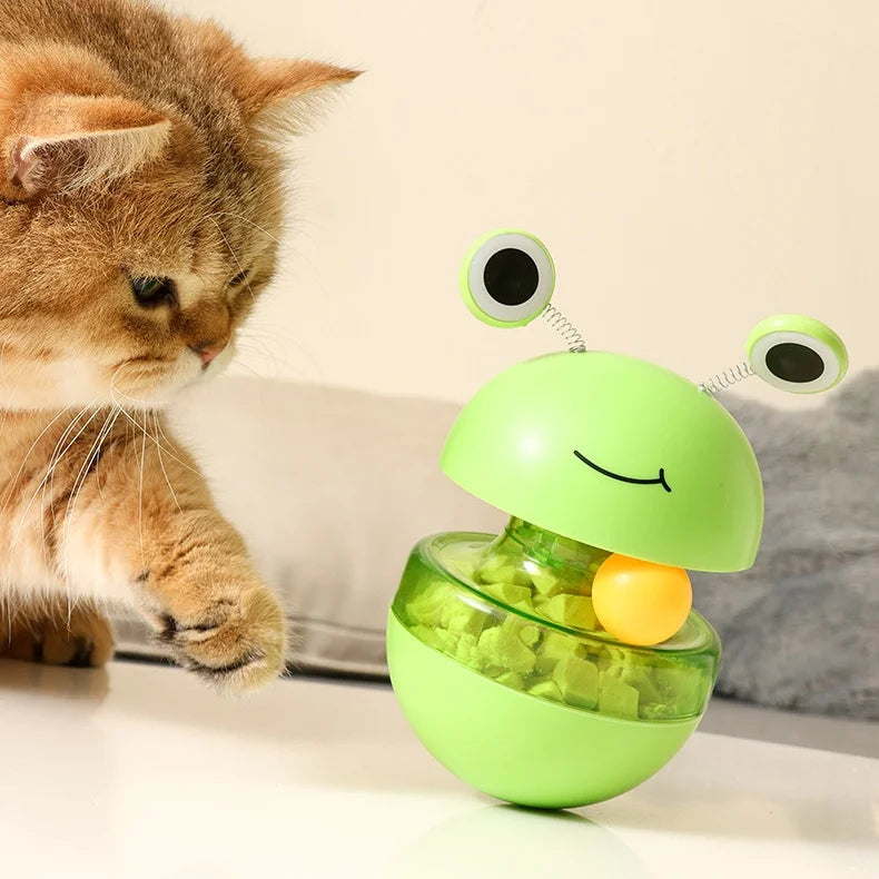 Frog Wobbler Cat Toy with Feather Teaser Spin Tipping Motion Treat Dispenser Self Feeder for Indoor Solo Play